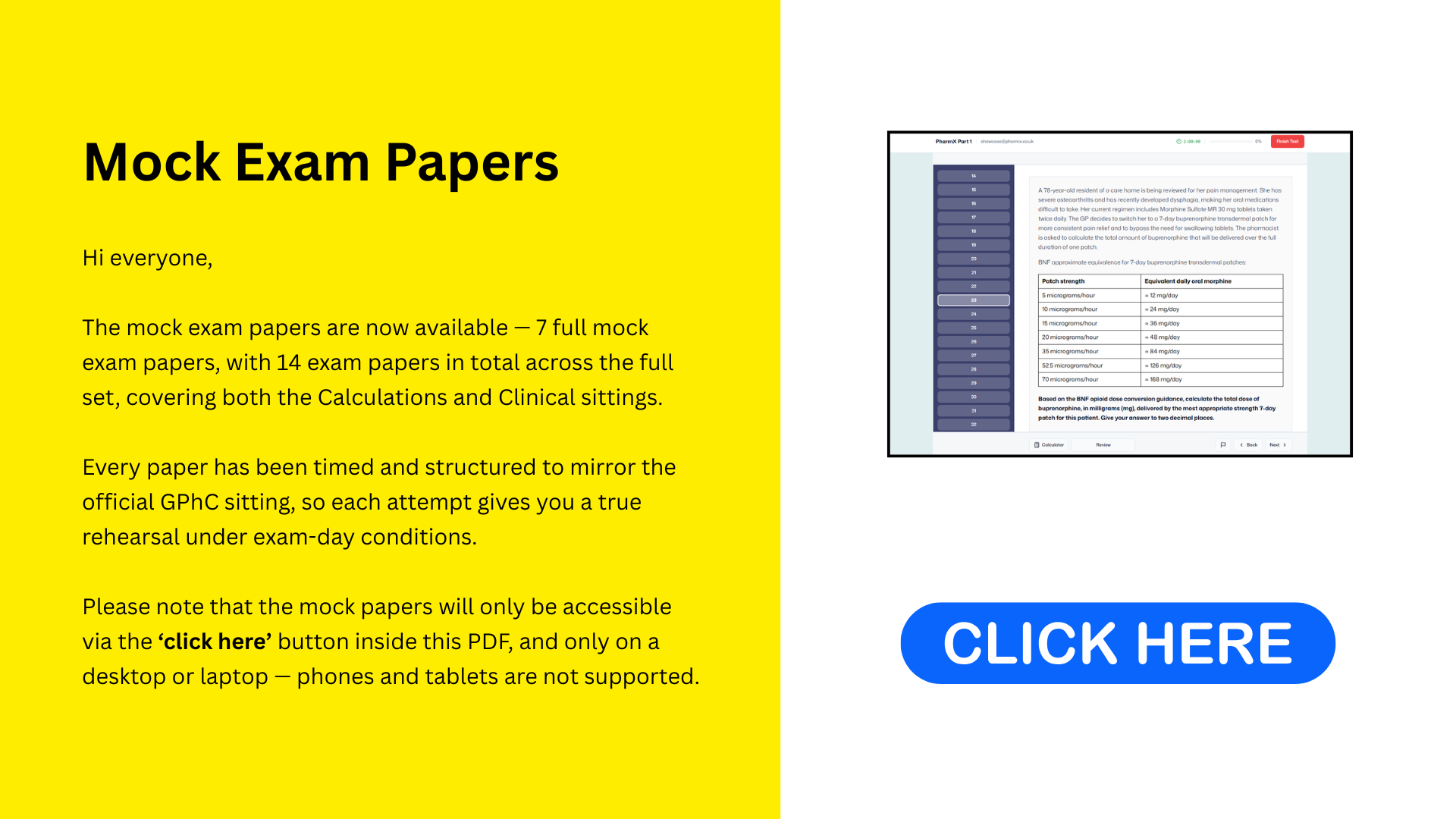 Mock exam papers overview: 7 full mock exam papers, 14 papers in total across Calculations and Clinical sittings