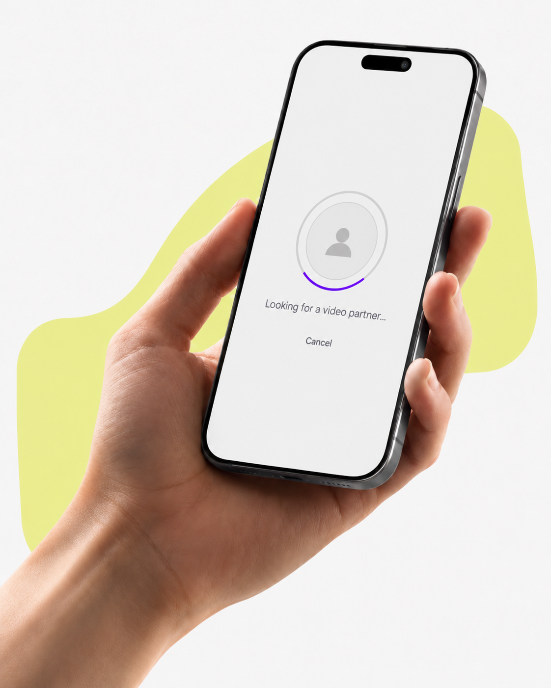 A hand holding a phone while PharmX Meet searches for a video partner